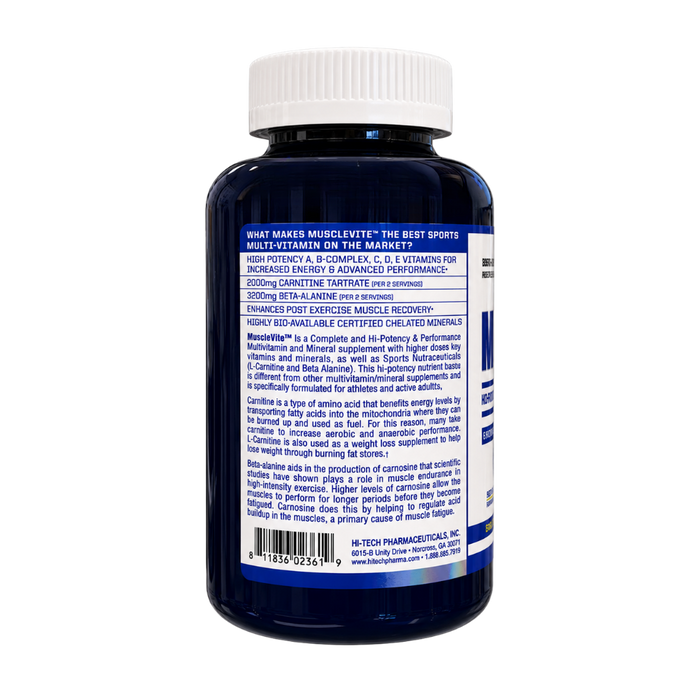 A dark blue plastic bottle of MuscleVite with a white cap, shown from the back against a plain white background. The label features a white text block with product details and a barcode at the bottom.