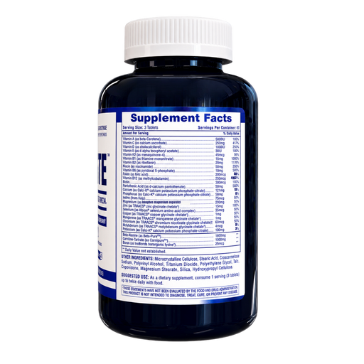 A dark blue supplement bottle with a white cap, showing the back label with Supplement Facts and ingredients listed in small text, isolated on a white background.