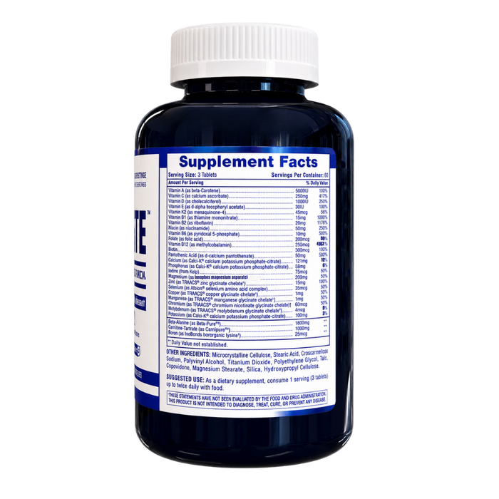 A dark blue supplement bottle with a white cap, showing the back label with Supplement Facts and ingredients listed in small text, isolated on a white background.