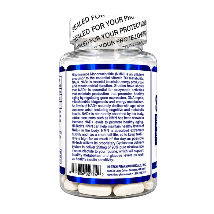 A clear plastic bottle of H-Tech Pharmaceutical NAD+ supplement with a white cap and a white label featuring blue text and borders. The label contains product details and a barcode.