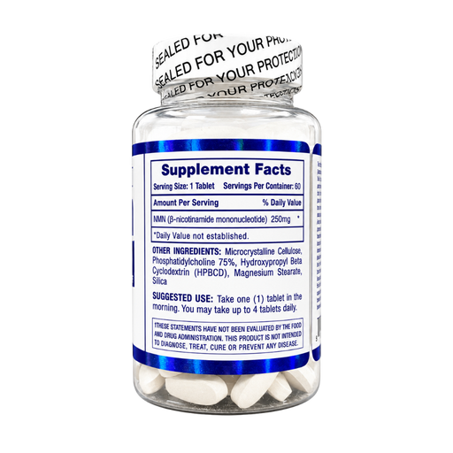 A clear supplement bottle showing the back label with Supplement Facts, white cap with printed seal text, and white tablets visible inside, on a plain white background.