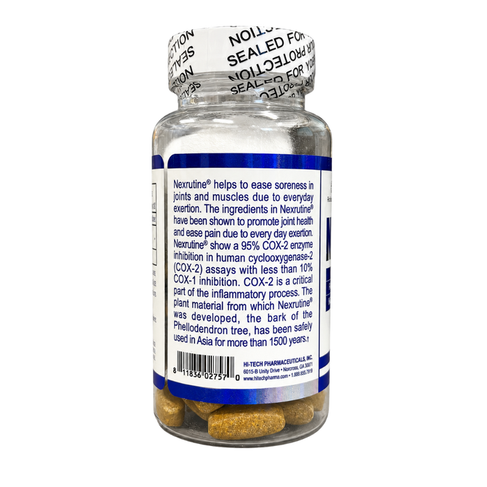A clear plastic supplement bottle containing yellow gelatin capsules, with a white and blue label. The label features the product name 'Nexrutine'.