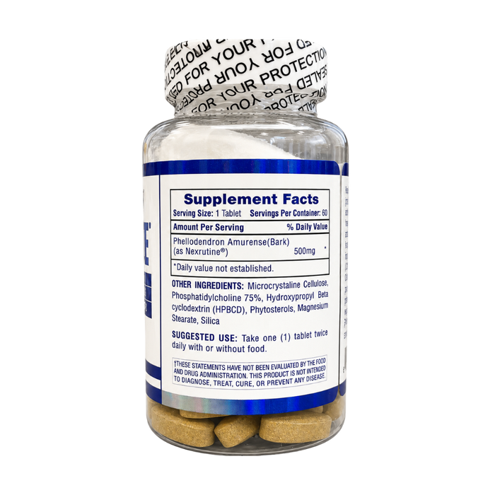 A clear plastic supplement bottle with a white and blue label showing Supplement Facts, sealed with a printed protective tape. The bottle is filled with yellowish-brown tablets and photographed against a plain white background.
