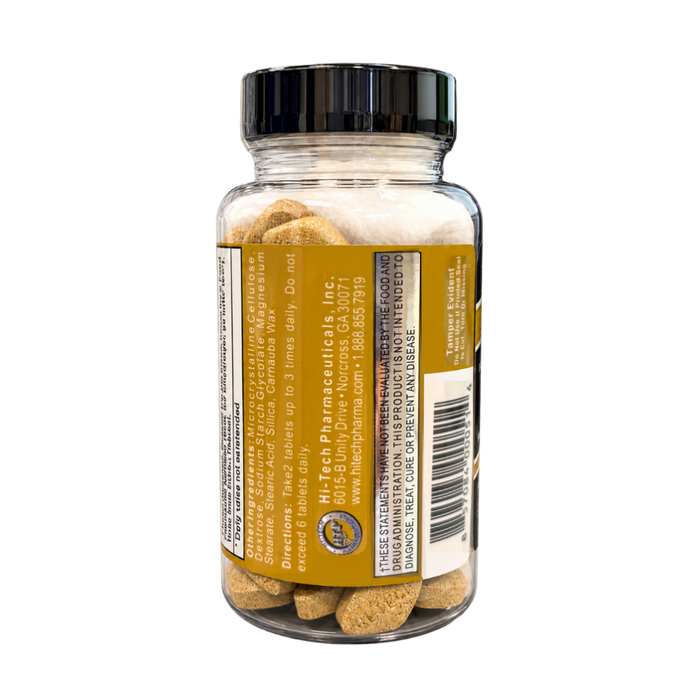 A clear supplement bottle with a black cap, showing tan tablets inside and a mustard-yellow label. The label includes text and a barcode, with the brand name 'Dr.