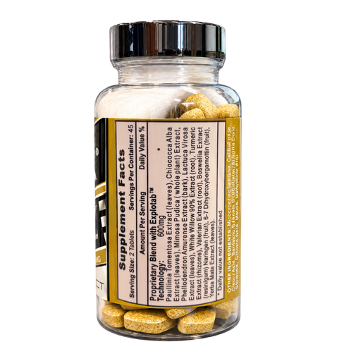 A clear supplement bottle with a black cap and a black-and-gold label, showing two gold tablets inside a white container. The label includes Supplement Facts and active ingredients such as Lactococcus Virusa and Valerian Root Extract.