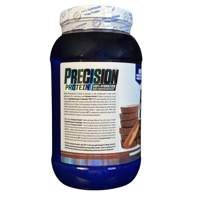 Precision Protein container with blue body and white label on a white background