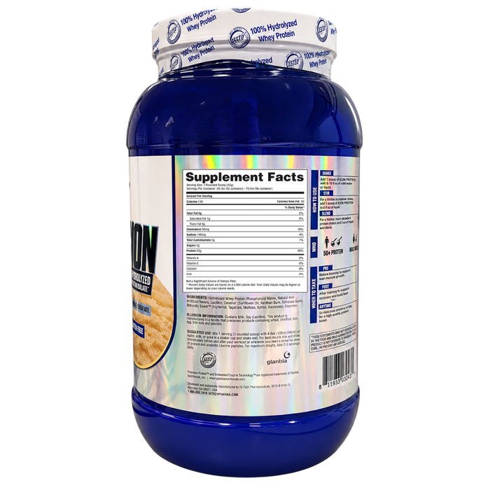 Hi-Tech Pharmaceuticals Precision Protein® Whey Protein Isolate Supplement Facts on the side of the tub on a white background.