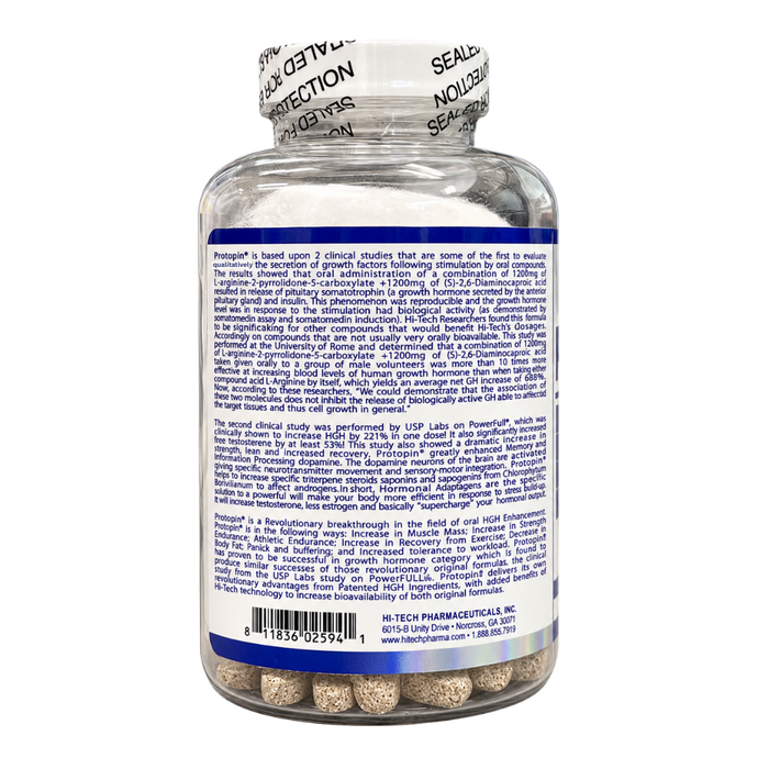 A clear plastic bottle of Protropin capsules with a white protective seal and a blue and white back label, photographed on a white background.