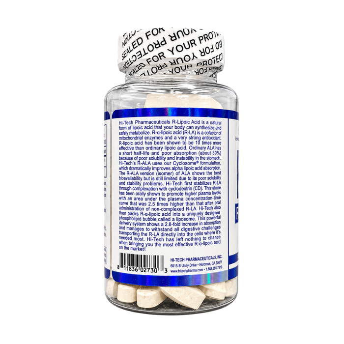 A clear plastic bottle of In-Tech Pharmaceuticals R-Ala, shown from the back. The bottle is transparent, revealing white capsules inside, and features a white screw cap with black text warning against misuse.
