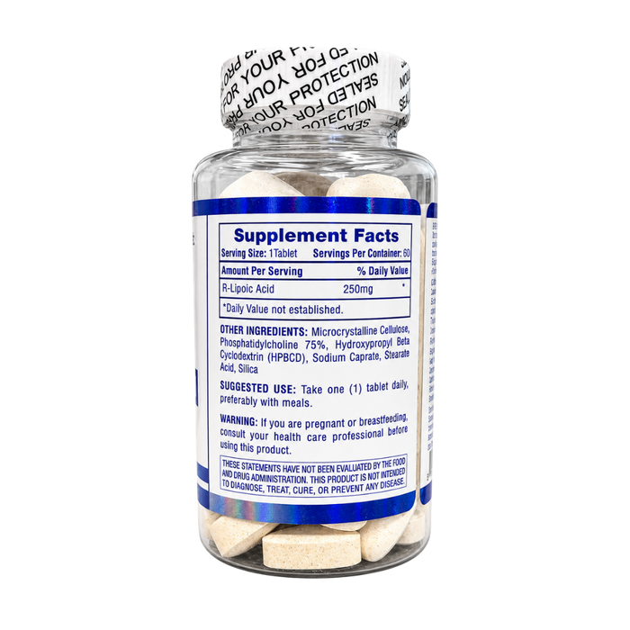 A clear plastic supplement bottle filled with beige tablets, featuring a white and blue label with 'Supplement Facts' text and a white seal-style cap printed with warning text.