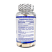 A clear plastic supplement bottle filled with beige tablets, featuring a white and blue label with 'Supplement Facts' text and a white seal-style cap printed with warning text.