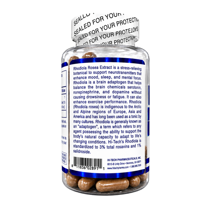 A clear plastic bottle of Rhodiola Rosea extract capsules with a white seal strip and a white back label containing product information and a barcode, on a plain white background.