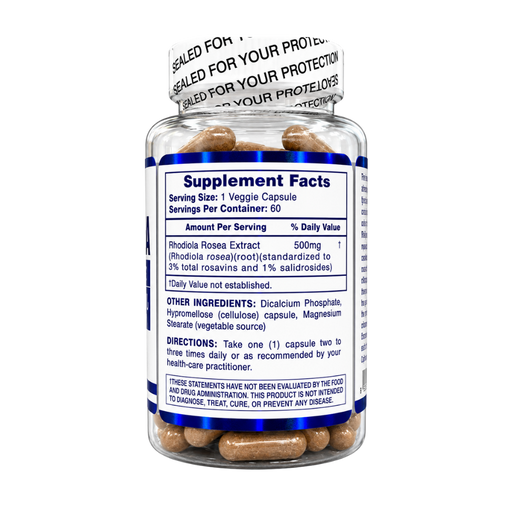 Hi-Tech Pharmaceuticals Rhodiola Rosea Supplement facts listed on side of bottle alongside other ingredients and directions on a white background.