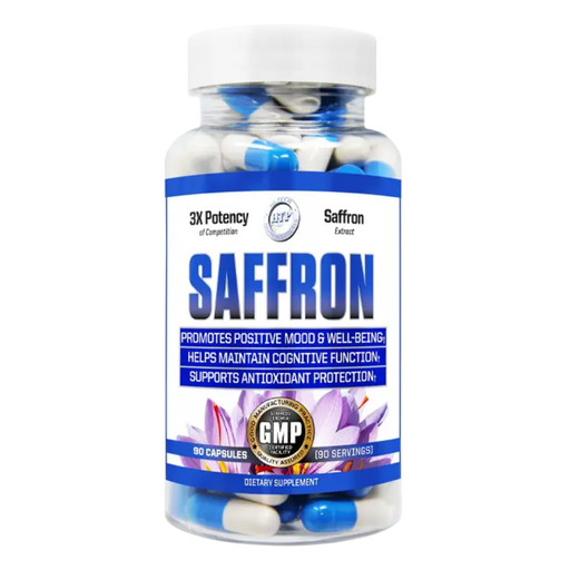 A bottle of Saffron dietary supplement capsules on a plain white background. The clear plastic bottle shows blue and white capsules inside, with a white cap and a white label featuring blue text and purple saffron flower graphics.