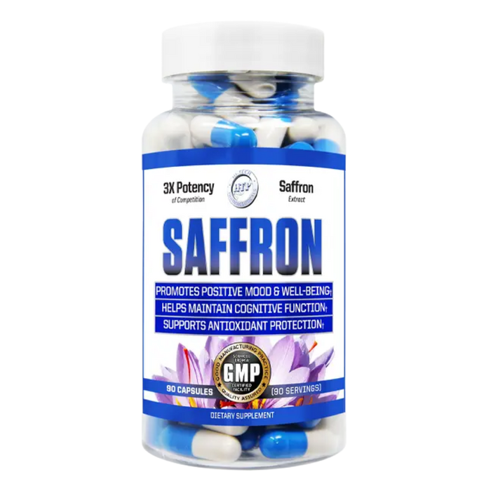 A bottle of Saffron dietary supplement capsules on a plain white background. The clear plastic bottle shows blue and white capsules inside, with a white cap and a white label featuring blue text and purple saffron flower graphics.