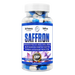 A bottle of Saffron dietary supplement capsules on a plain white background. The clear plastic bottle shows blue and white capsules inside, with a white cap and a white label featuring blue text and purple saffron flower graphics.