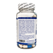 A clear plastic bottle of dietary supplements with a white screw cap, showing the back label and white capsules inside, on a white background.