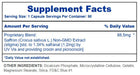 A Supplement Facts label showing a capsule serving size of 1, with a proprietary blend of saffron extract at 88.5mg and a list of other ingredients including dicalcium phosphate, microcrystalline cellulose, gelatin, magnesium stearate, silica, and FD&C Blue #1.
