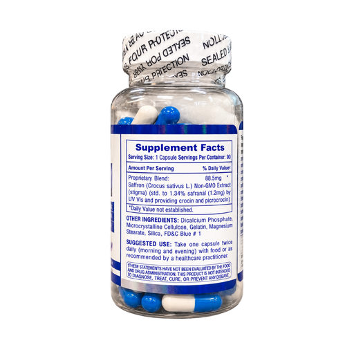 A clear plastic bottle of dietary supplements with blue and white capsules inside, featuring a white and blue label with 'Supplement Facts' and a printed seal on the cap.
