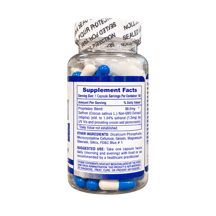 A clear plastic bottle of dietary supplements with blue and white capsules inside, featuring a white and blue label with 'Supplement Facts' and a printed seal on the cap.
