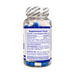 A clear plastic bottle of dietary supplements with blue and white capsules inside, featuring a white and blue label with 'Supplement Facts' and a printed seal on the cap.