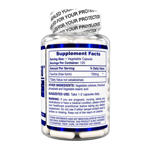 Hi-Tech Pharmaceuticals Taurine 750 supplement facts listed on the side of the bottle alongside other ingredients, suggested use, and warnings on a white background.
