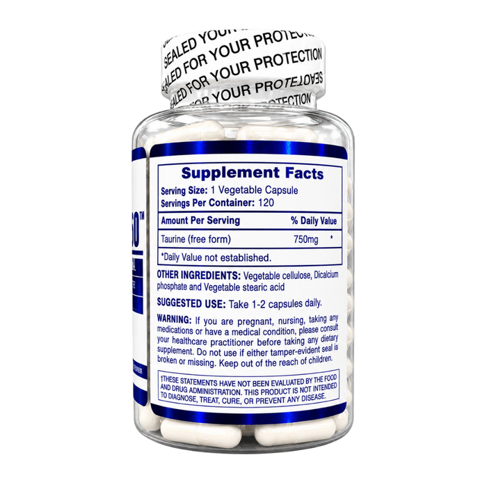 Hi-Tech Pharmaceuticals Taurine 750 supplement facts listed on the side of the bottle alongside other ingredients, suggested use, and warnings on a white background.