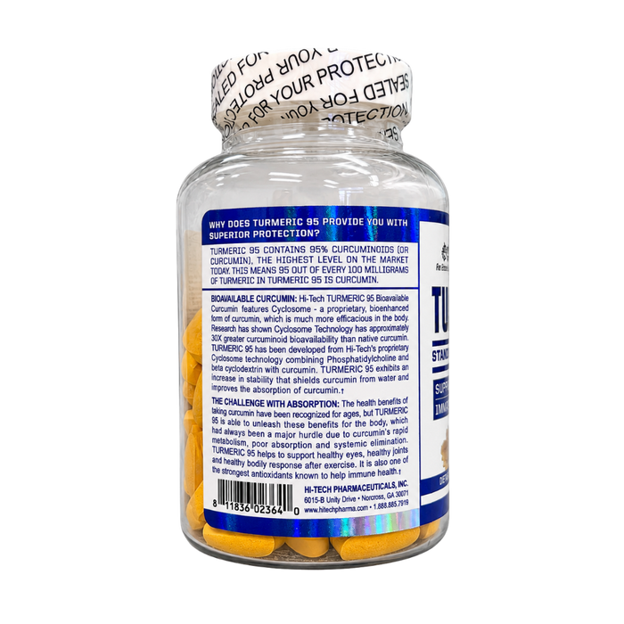 A bottle of Turmeric 95 dietary supplement with a white cap and a detailed blue and white back label, photographed against a solid white background.