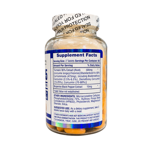 A clear supplement bottle with a white and blue label showing Supplement Facts, sealed with a white tamper-evident cap. The bottle is photographed on a plain white background.