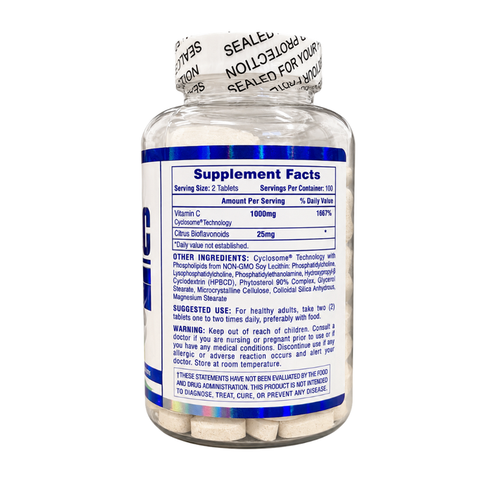 Hi-Tech Pharmaceuticals Vitamin C 120 Tablets Supplement facts listed on side of bottle on a white background.