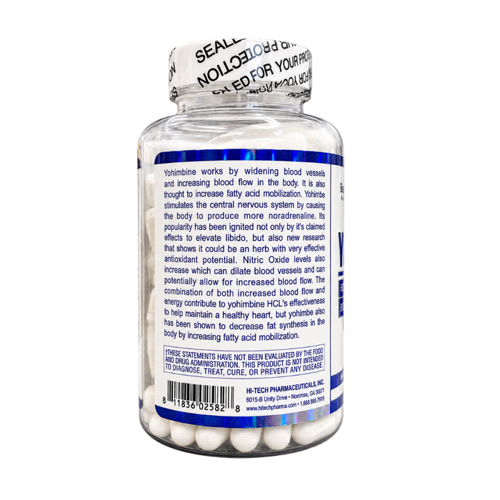 A clear plastic supplement bottle with a white and blue label, sealed with a white tamper-evident cap. The label features a blue band at the bottom with white text and a white background with black text detailing product claims and manufacturer information.