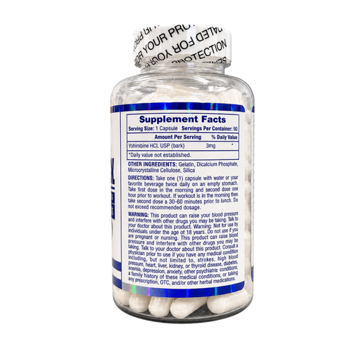 A clear plastic supplement bottle with a white cap, showing the back label with Supplement Facts text for a dark brown herbal supplement.