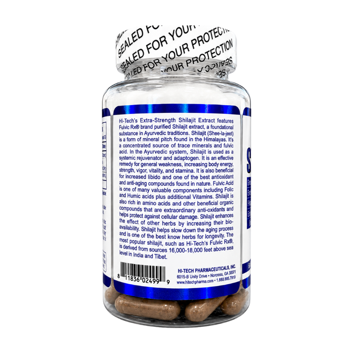A bottle of Hi-Tech Pharmaceuticals Shilajit extract capsules, featuring a white cap with a clear protective seal and a blue label detailing product information and a barcode.