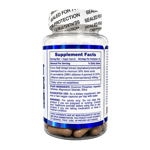 A sealed supplement bottle with a white cap and a blue-and-white label showing Supplement Facts. The bottle contains brown oval capsules, and the label includes text such as 'Sealed for Protection' and 'Supplement Facts.