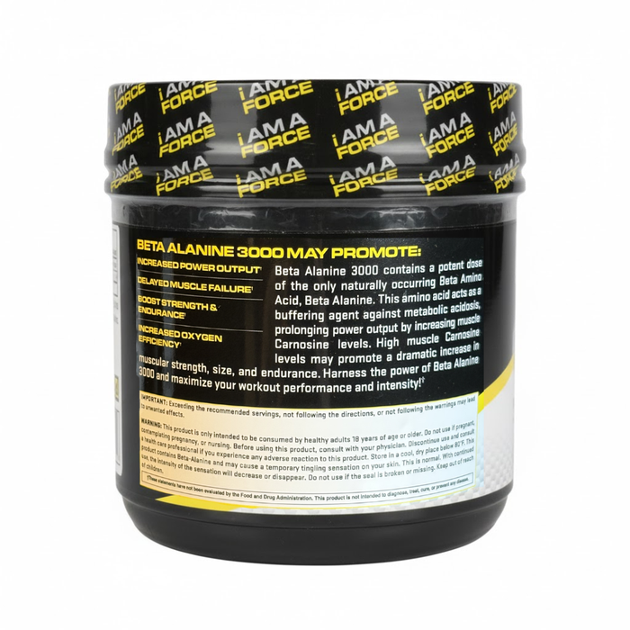 Container of IAMA Force Beta Alanine 3000 supplement with label on a white background