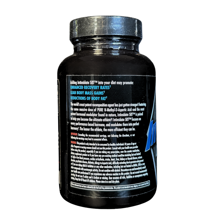 Black supplement bottle with white text on a white background