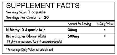 Supplement facts label with N-Methyl-D-Aspartic Acid and Brassaiopsis Glomerulata on a white background
