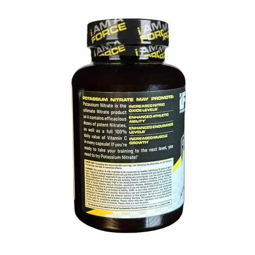 Black supplement bottle with yellow text on a white background