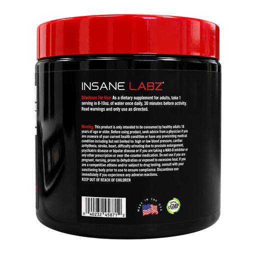 Insane Labz D-Aspartic Acid 30 Servings directions for use and warnings listed on the back of the tub on a white background.