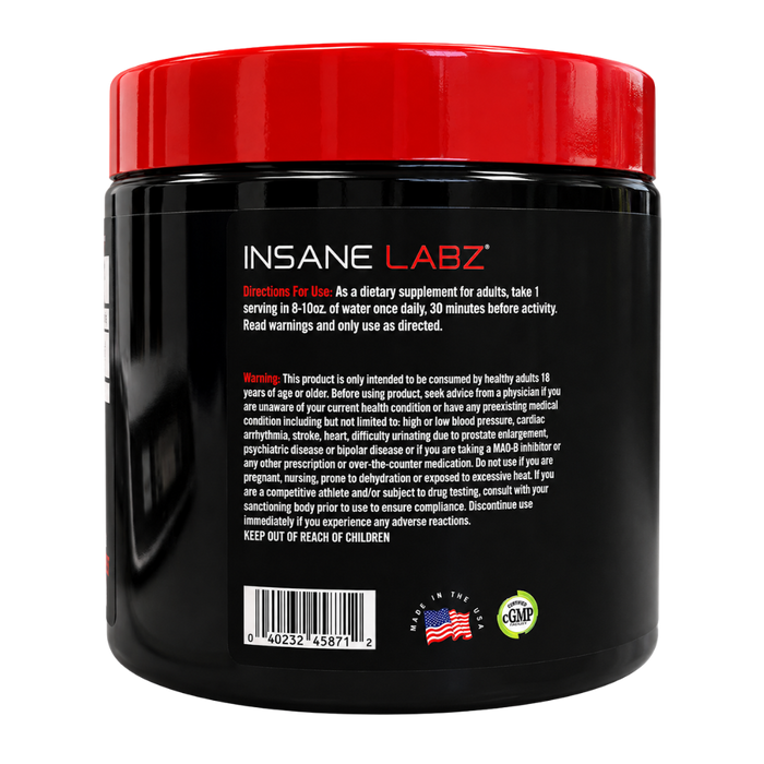 Insane Labz D-Aspartic Acid 30 Servings directions for use and warnings listed on the back of the tub on a white background.