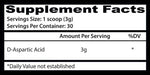A black and white Supplement Facts label showing D-Aspartic Acid with 3g amount per serving and a % daily value.