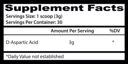 A black and white Supplement Facts label showing D-Aspartic Acid with 3g amount per serving and a % daily value.