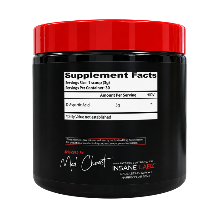 Insane Labz D-Aspartic Acid 30 Servings supplement facts listed on the side of the tub on a white background.