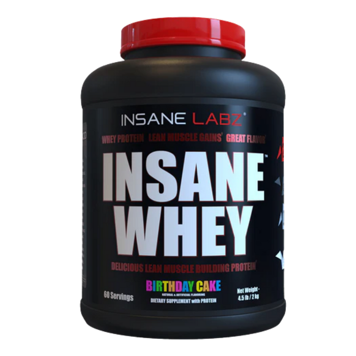 Insane Labz Insane Whey protein powder container with red lid on a white background
