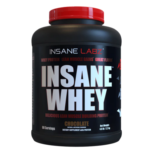 Insane Whey protein supplement container with red lid on a white background