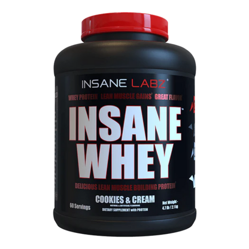 Insane Whey protein powder container with red lid on a white background