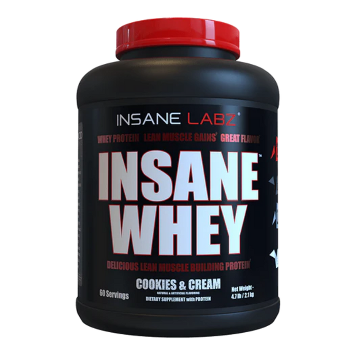 Insane Whey protein powder container with red lid on a white background