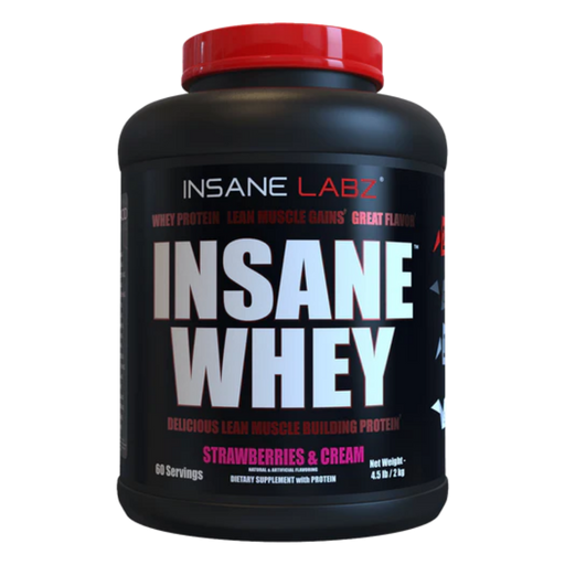 Insane Whey protein powder container with red lid on a white background