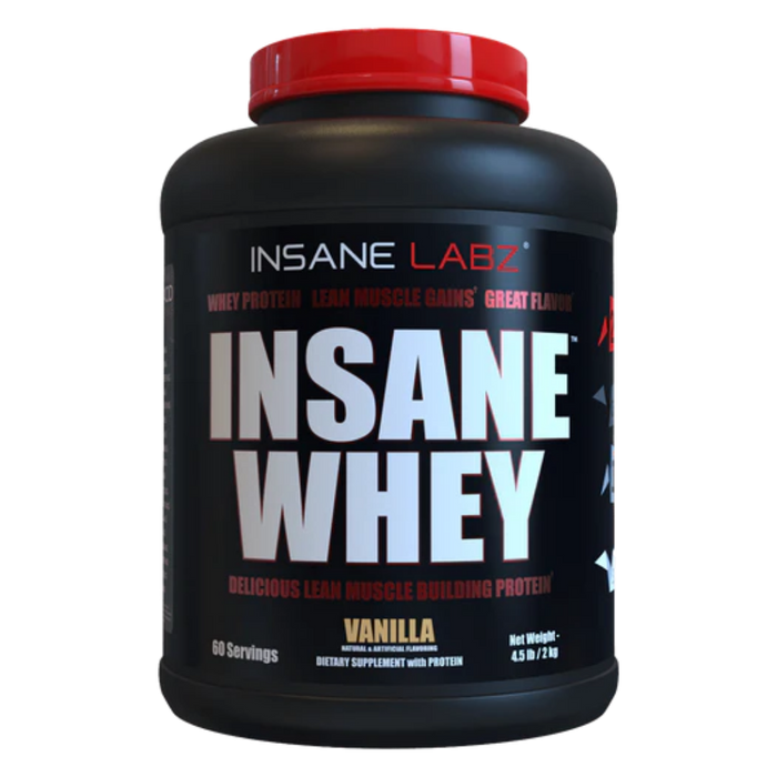Insane Whey protein powder container with red cap on a white background