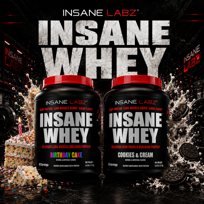 Two containers of Insane Labz Insane Whey protein powder with birthday cake and cookies & cream flavors on a dark background.